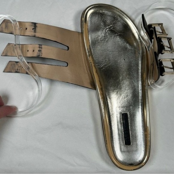 LONGCHAMP Slides Black Leather Gold 3 Buckle Strap Resort Sandals, US 9 - Picture 9 of 10